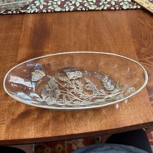 VINTAGE oval silver-overlay and glass dish in Flanders pattern.